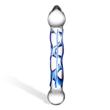 Skleněné dildo Glas na G-bod s modrým žíháním 16,5 cm