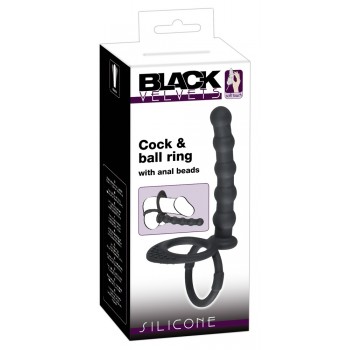 Anální kuličky s erekčním kroužkem na penis a varlata Black Velvets 19 cm