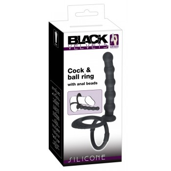 Anální kuličky s erekčním kroužkem na penis a varlata Black Velvets 19 cm